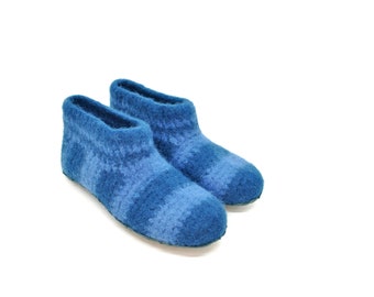 Gr.39+ - felt slippers, dove blue petrol striped, super comfortable slippers, extra non-slip