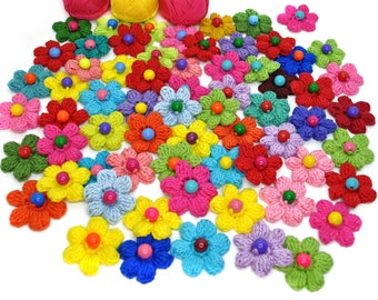 Crochet flowers, 2 pieces, 3D flowers, with wooden beads, in desired colors