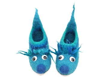 Gr. 30 - Barefoot shoes, felt slippers, blue animal, fantasy animal with googly eyes, super comfortable, super non-slip