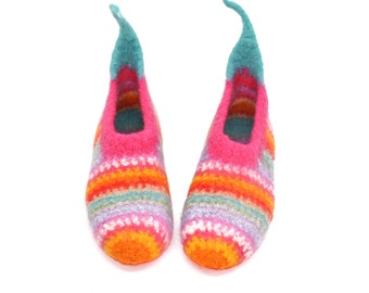 Size 40 - felt slippers, barefoot shoes, cheerfully colorful stripes, ankle warm, super comfortable slippers, extra non-slip