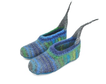 Size 37 - barefoot shoes, felt slippers, grey melange, harmonious blue-green stripes, super comfortable, super non-slip