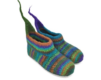 Size 39 - felt slippers, barefoot shoes, crazy dark colored stripes, super comfortable slippers, extra non-slip