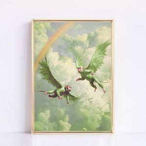 May include: Two green monkeys with wings fly through a cloudy sky with a rainbow in the background.