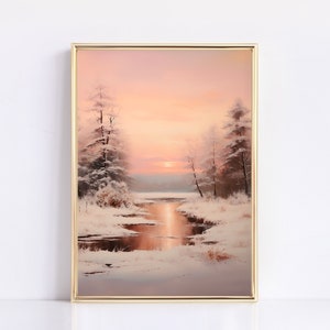 Pink Snowy Landscape Print | Christmas | Neutral Vintage | Digital | Fine Art | Modern Vintage | Vintage Christmas Art | Pink Christmas