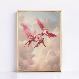 May include: A painting of four pink monkeys with wings flying in a cloudy sky.