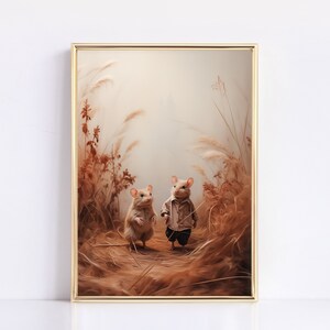 May include: Two small, white mice standing in a field of tall, dried grasses. The mouse on the left is facing the right, while the mouse on the right is facing the left. The mouse on the right is wearing a brown shirt and pants.