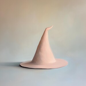 May include: A white witch's hat with a pointed cone and a wide brim.