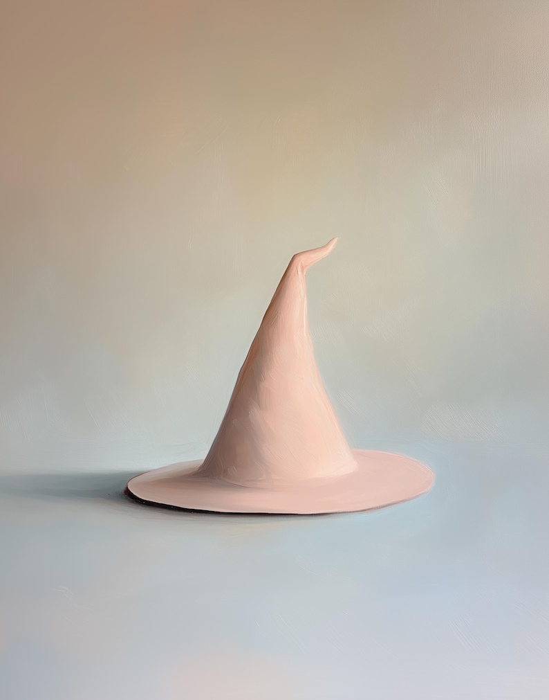 May include: A white witch's hat with a pointed cone and a wide brim.