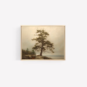 Tree in Rock Print | Water Edge Tree | Neutral Vintage | Digital Print | Landscape Painting | Modern Vintage | Wall Art | Vintage Botanical