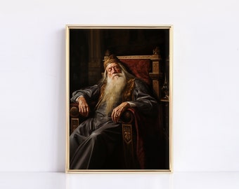 May include: A painting of a man with a long white beard and a red hat sitting on a throne. He is wearing a dark robe and has a serious expression on his face.