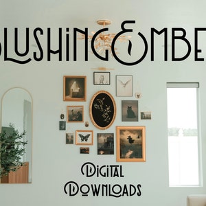 May include: A white wall with a gallery wall of framed artwork featuring black and white illustrations and a black cat. The text "BLUSHING EMBERS" is at the top of the wall and the text "DIGITAL DOWNLOADS" is at the bottom of the wall.