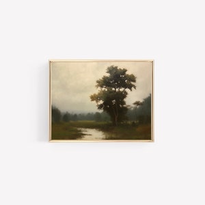 Tree by the River Landscape | Water Edge Tree | Neutral Vintage | Digital Print | Landscape Painting | Modern Vintage | Vintage Botanical