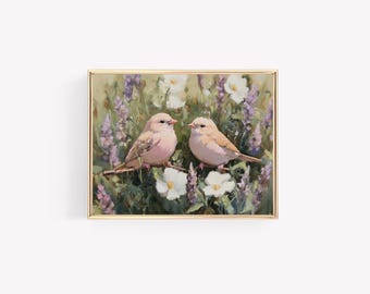 rosa verliebte Vögelchen | Digitale Vintage Blumenmalerei | Rosa Drucke | Jahrgang | Girly Valentines Druck | Lavendel | Galerie | Girly Fine Art