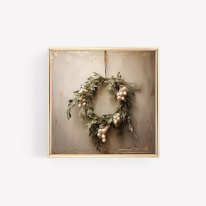 Quadratisches Verhältnis Weißer Beeren Weihnachtskranz Druck | Mistelzweigkranz | Neutral | Digitaldruck | Weihnachten | Moderne Kunst | Vintage Weihnachten
