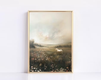 May include: A framed painting of a white horse standing in a field of wildflowers. The sky is a soft blue with clouds. The painting has a vintage feel.