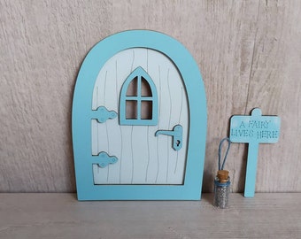 Fairy Door With Accessories, Tooth Fairy Door, Kids Room Wall Decor, Fairy Door With Sign and Fairy Dust, Azure Blue Mini Door