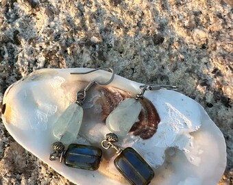 Earrings - Blue Czech glass, gem stone and Glass Beads