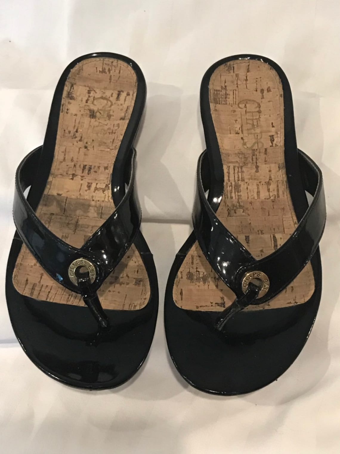 Chaps Black Sandals Black Patent Leather Sandals Black Flip - Etsy