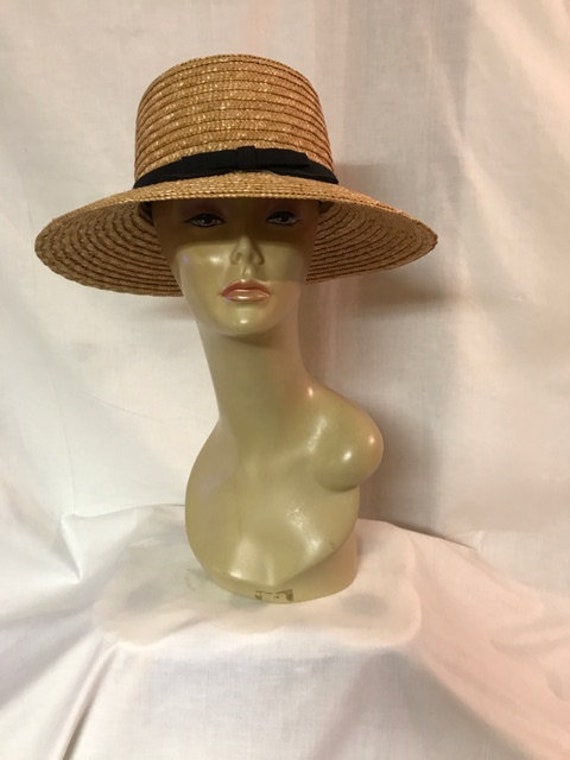 Vintage Hat, Ladies Straw Hat, Tan Straw Hat, Blac