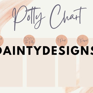 May include: Potty training chart with four blank spaces for stickers. The chart has a light pink background with a light brown border. The top of the chart says "Potty Chart" in cursive. The bottom of the chart says "DAINTYDESIGNS" in black bold letters. The chart has four circles with the following text: "I Said Potty", "I Sat On The Potty", "I Peeed!" and "I Pooped!"