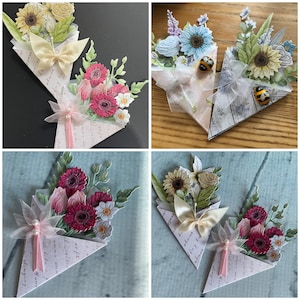 Flower Bouquet mini card topper, bouquet embellishment, mini bouquet, card embellishment, die cuts, handmade in the uk, suzy q crafts
