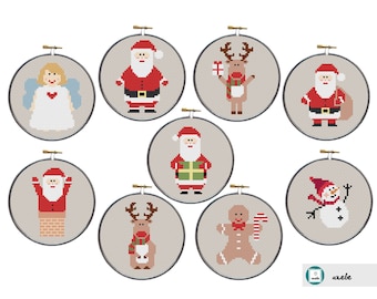 Christmas set of 9, Santa, Reindeer, Snowman, Christmas Cookie, Angel, modern cross stitch patterns, PDF, instant download