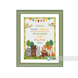 Cross stitch baby boy birth sampler, birth announcement, woodland animals, safari animals, DIY customizable pattern** instant download