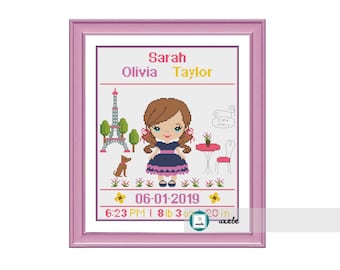 Cross stitch baby girl birth sampler, birth announcement, cute little girl in Paris, DIY customizable pattern** instant download