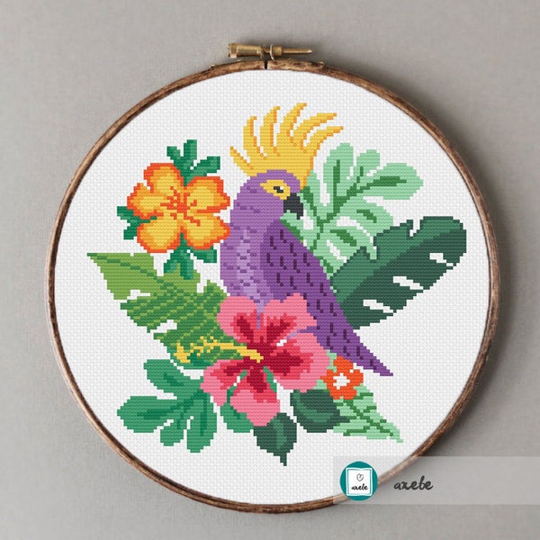 Parrot on tropical background cross stitch pattern, modern cross stitch pattern, PDF, instant download