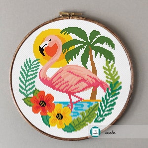 Flamingo on tropical landscape cross stitch pattern, modern cross stitch pattern, PDF, instant download image 1