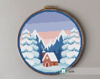 Winter landscape cross stitch pattern, modern cross stitch pattern, PDF, instant download