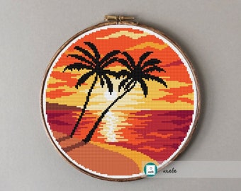 Tropical sunrise cross stitch pattern, modern cross stitch pattern, PDF, instant download