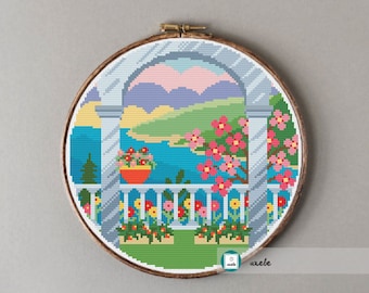 Summer landscape cross stitch pattern, modern cross stitch pattern, PDF, instant download