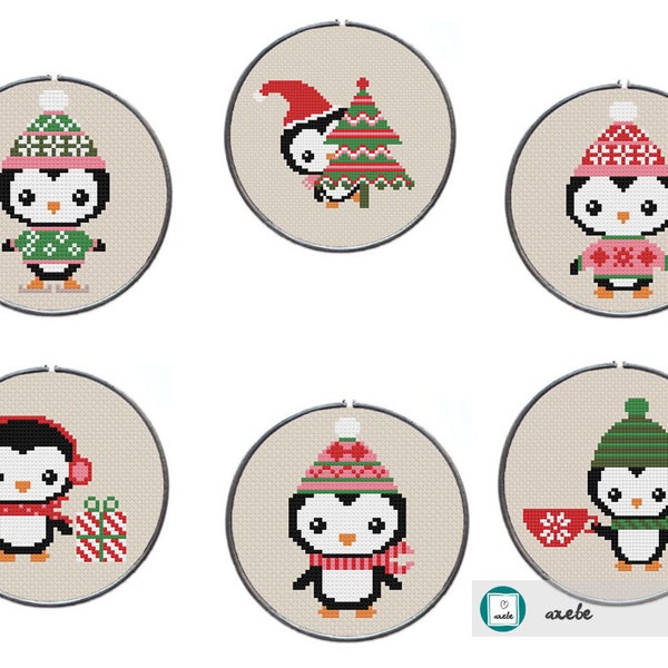 Christmas Penguins set of 6 cross stitch patterns, modern cross stitch patterns, PDF, instant download