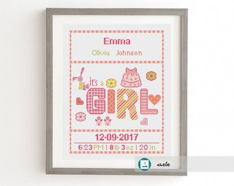 Cross stitch baby birth sampler, birth announcement, it's a girl, DIY customizable pattern** instant download