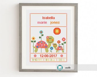 Cross stitch baby birth sampler, birth announcement, turtles, DIY customizable pattern** instant download