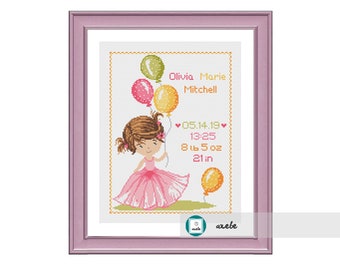 Cross stitch baby girl birth sampler, birth announcement, cute little girl with balloons, DIY customizable pattern** instant download