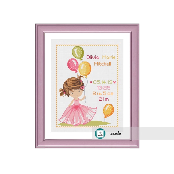 Cross stitch baby girl birth sampler, birth announcement, cute little girl with balloons, DIY customizable pattern** instant download