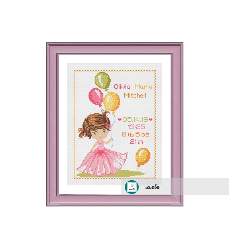 Cross Stitch Baby Girl Birth Sampler Birth Announcement Cute Etsy
