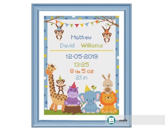 Cross stitch baby boy birth sampler, birth announcement, jungle animals, safari animals, DIY customizable pattern** instant download