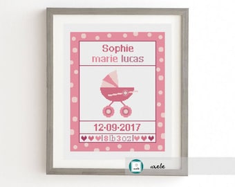 Cross stitch baby girl birth sampler, birth announcement, stroller, DIY customizable pattern** instant download