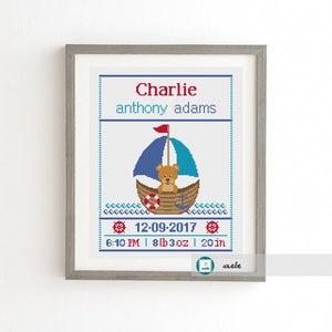 Cross stitch baby birth sampler, birth announcement, bear in sailboat, DIY customizable pattern** instant download