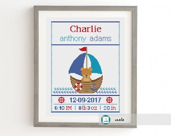 Cross stitch baby birth sampler, birth announcement, bear in sailboat, DIY customizable pattern** instant download