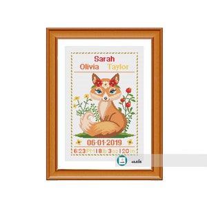 Cross stitch baby girl birth sampler, birth announcement, cute little fox, DIY customizable pattern** instant download