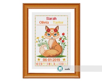 Cross stitch baby girl birth sampler, birth announcement, cute little fox, DIY customizable pattern** instant download