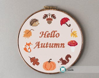 Hello autumn wreath cross stitch pattern, modern cross stitch, DIY  instant download