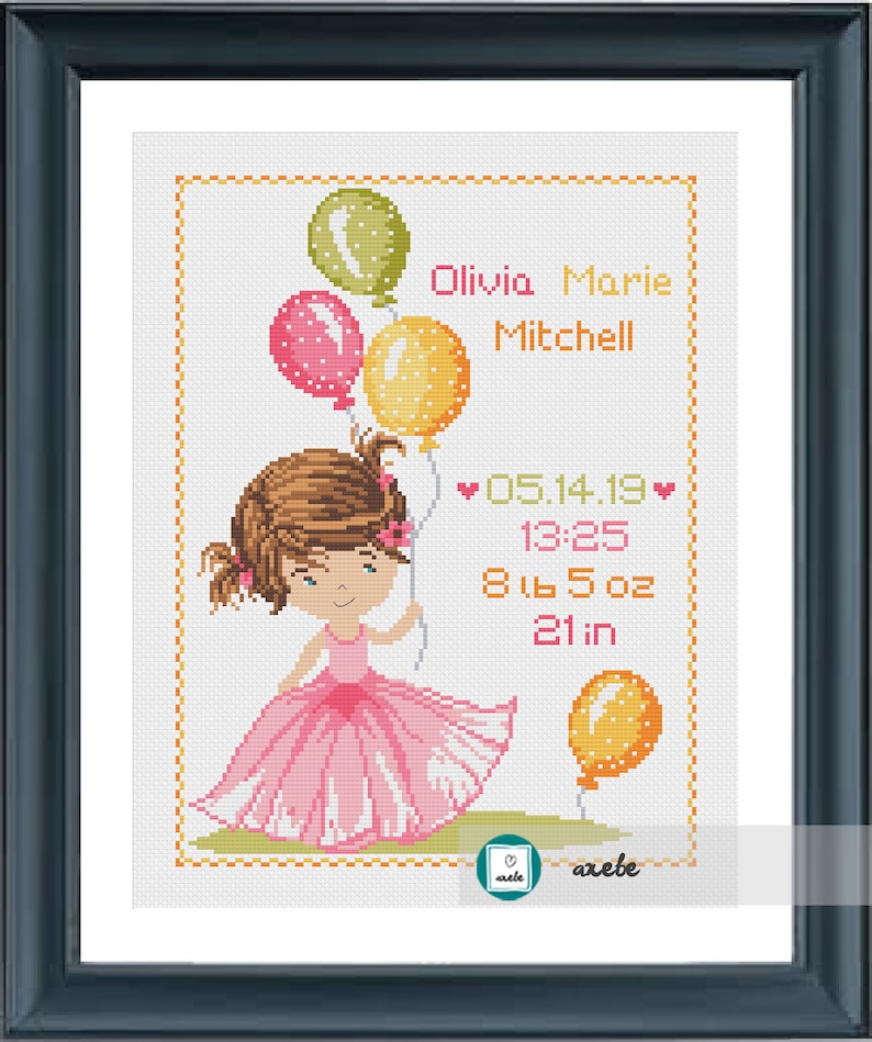 Cross Stitch Baby Girl Birth Sampler Birth Announcement Cute Etsy