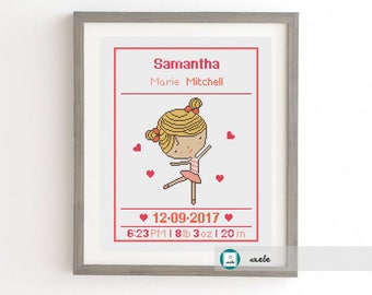 Cross stitch baby birth sampler, birth announcement, cute ballerina, DIY customizable pattern** instant download