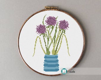 Chive flowers cross stitch pattern, modern cross stitch, DIY  instant download