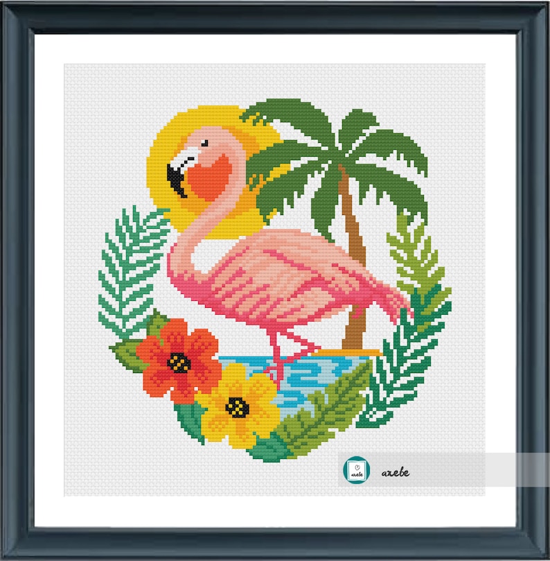 Flamingo on tropical landscape cross stitch pattern, modern cross stitch pattern, PDF, instant download image 2